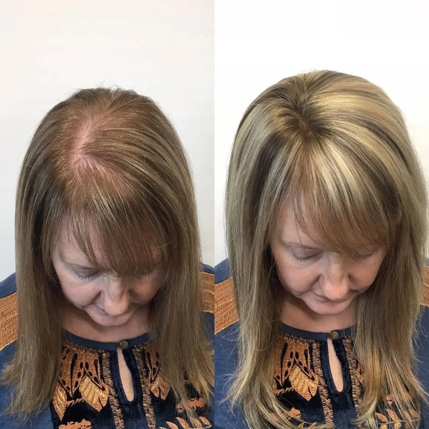 Before and after transformation with fuller fringe and crown