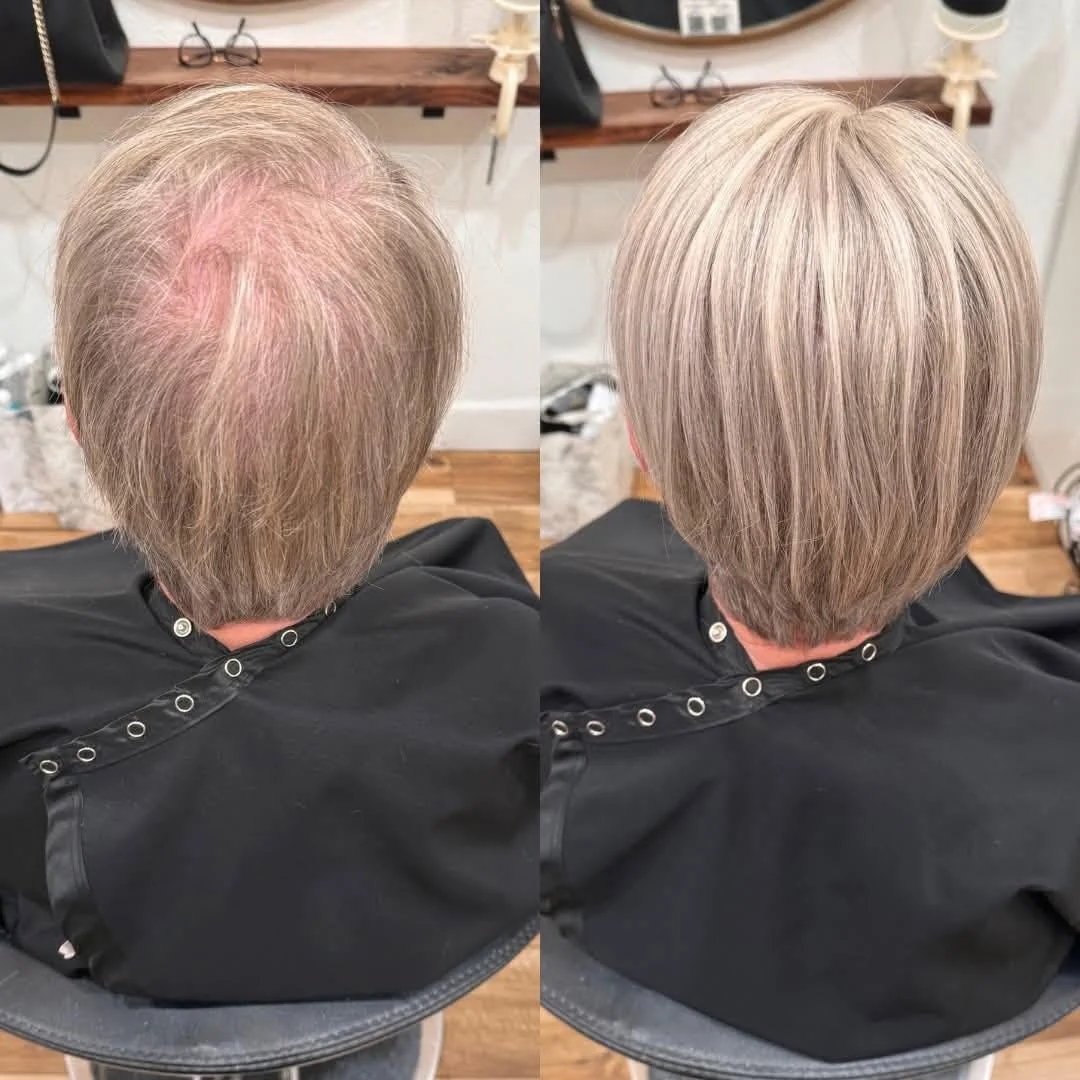 Before and after hair topper transformation showing fuller silver-blonde hair